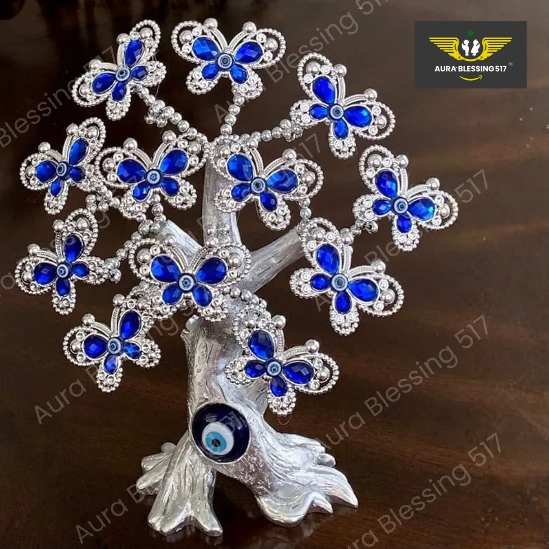 Blue Evil Eye Fortune Money Tree with Butterflies