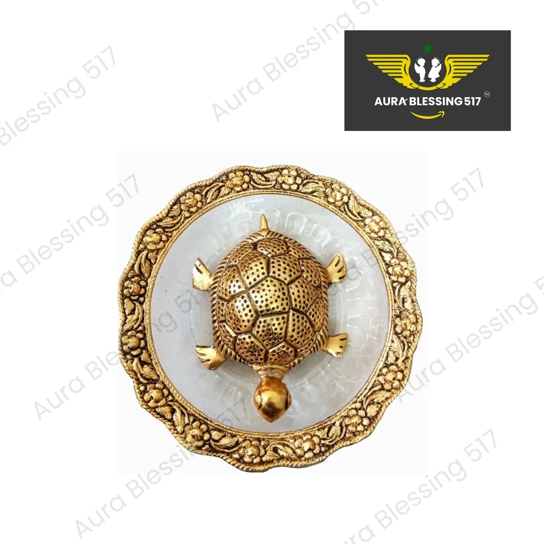 Metal Feng Shui Golden Tortoise on Glass Plate - 5.5 inches