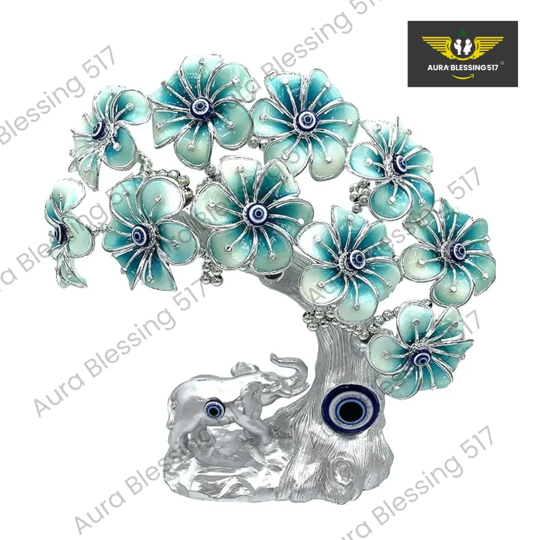Blue Evil Eye Turkish Nazar Fortune Tree with Elephant — Silver & Blue