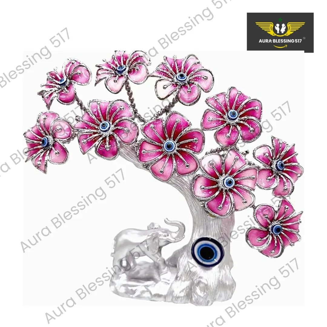 Blue Evil Eye Turkish Nazar Money Fortune Tree with Lucky Elephant Design (Pink)